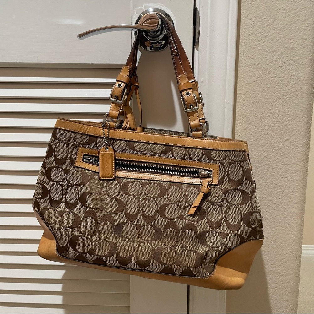Vintage Coach Purse Handbag 2004 Khaki Signature C Print Canvas w Leather Trim